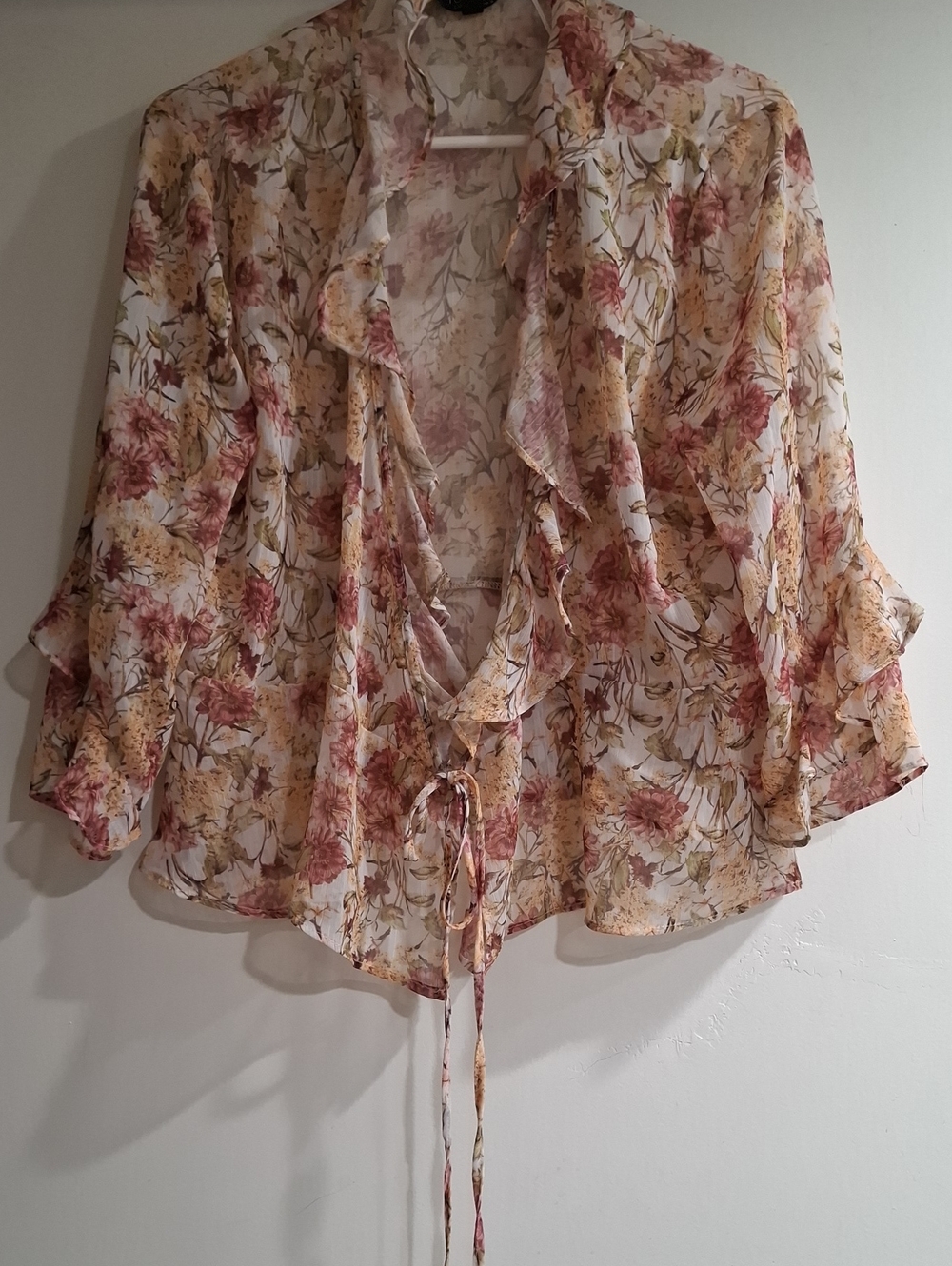 Topshop Sheer Floral Ruffle Tie Blouse - Cream & Pink